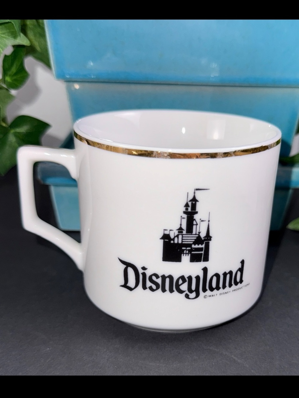 1980’s Vintage Disneyland Mug Japan Castle Gold Rim Walt Disney Productions Cup